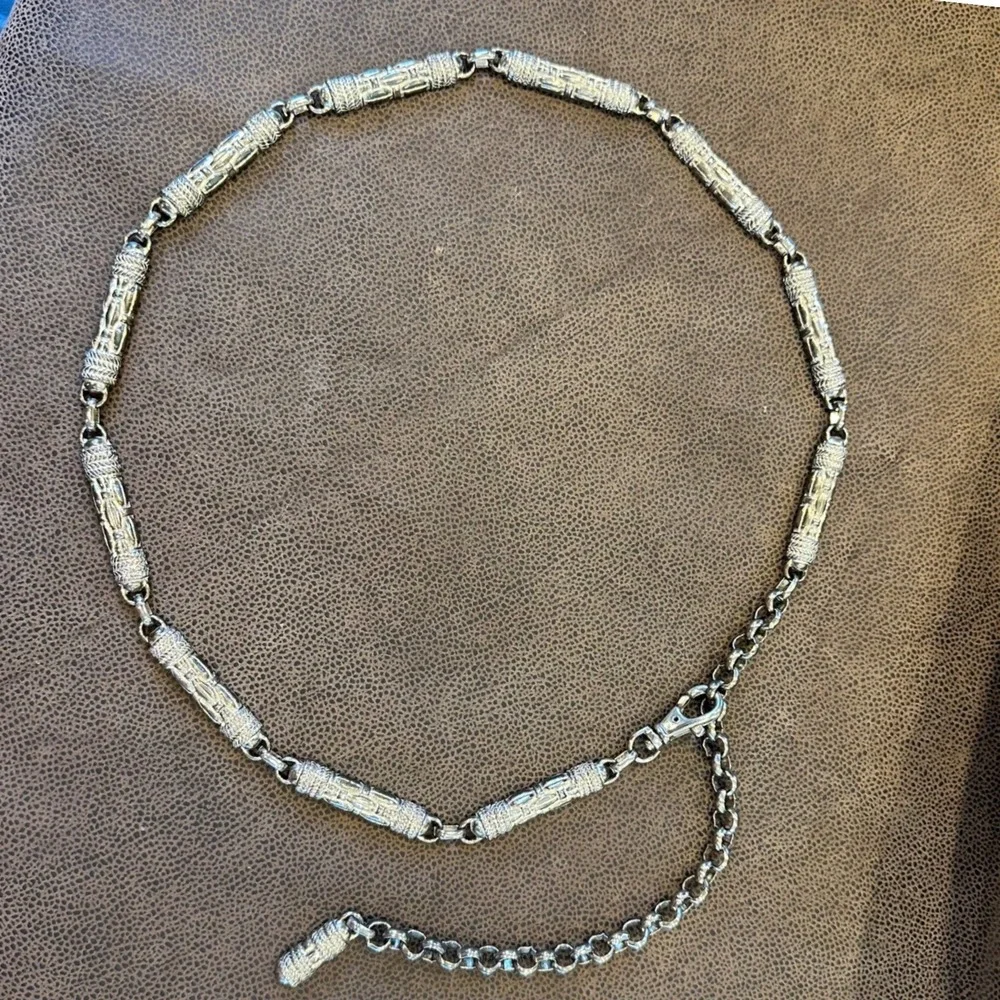 Textured Barrel Link Chain Belt Silver Tone Adjustable 30-40